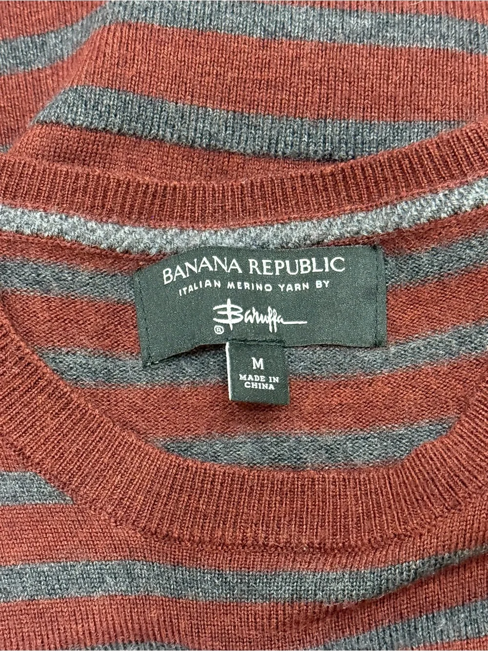 Banana Republic Men's Red & Gray Striped Crewneck Preppy Sweater